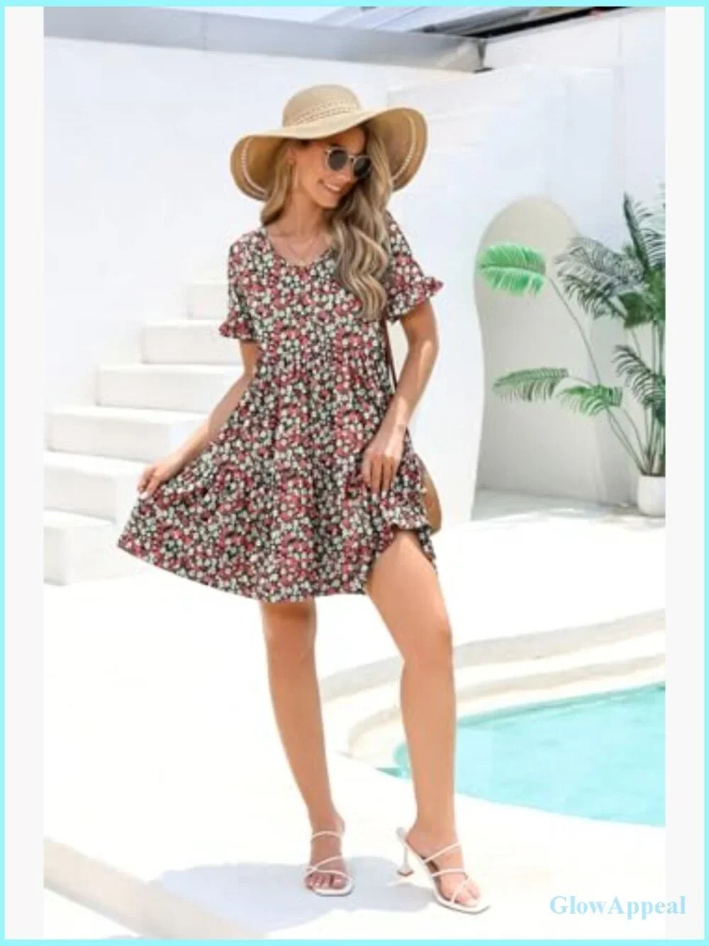 Loose V Neck Ruffle Tiered Flowy A Line Mini Beach Dress with Pockets - Picture 4 of 7